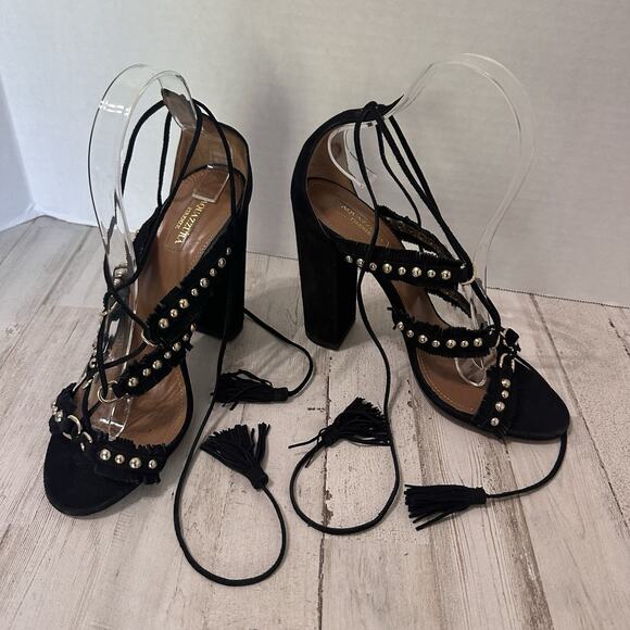 Aquazurra Block Heel Sandals 8.5 Talum Black Suede Gold Stud Tassel Lace Up 38.5 - Picture 1 of 9